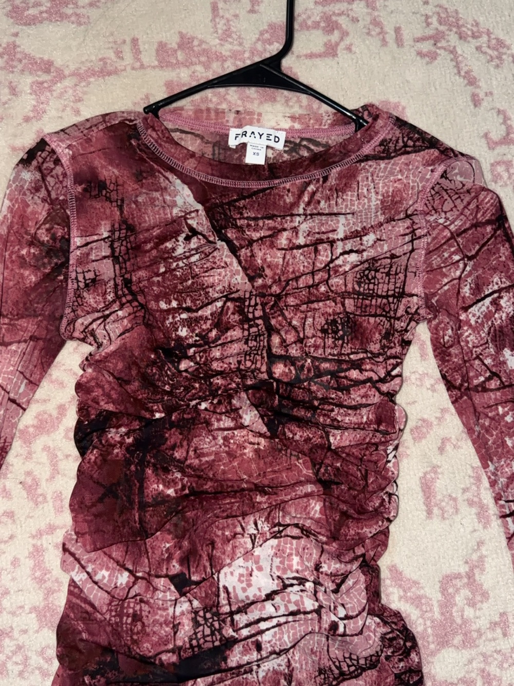 FRAYED Burgundy Abstract Sheer Long-Sleeve Tee